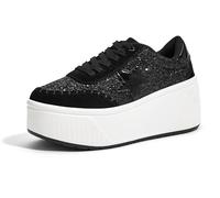 LUCKY STEP Women's Platform Chunky Sneakers Fashion Star Glitter Sparkly Wedge Walking Shoes High Heel Casual Shiny Thick Sole Footwear, Black Glitter, 5.5 UK