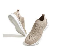 LUCKY STEP Women's Rhinestone Mesh Slip On Walking Shoes Fashion Breathable Spakle Glitter Sneaker (Beige, 7US-37EU-4UK)