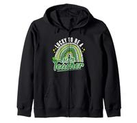 Lucky To Be A Math Teacher St Patricks Day Leopard Rainbow Zip Hoodie