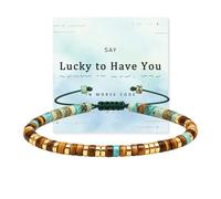Lucky to Have You Morse Code Bracelet for Women, How Lucky Am I Turquoise Tiger Eye Beaded Wrap Friendship Bracelet, Secret Message Jewelry Gift for Bestie Friend Sister