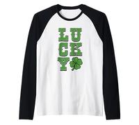 Lucky Vertical with Green Clover Shamrock Funny Holiday Raglan Baseball Tee