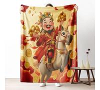 Lucky Wealth Throw Blanket for Couch, Gold Coin Horse Flannel Blanket 50"x60" Lightweight, Chinese Cartoon Style Blanket for Bed, Warm Soft Cozy Washable Bedding for All Season