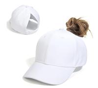 LUCKYBUNNY Girls Backless Cap Ponytail Hat High Messy Bun Baseball Caps Adjustable Sport Hat for Curly Hair (8-15 Years Old), White, One Size