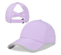 LUCKYBUNNY Girls Criss Cross Ponytail Hat Reflective Outdoor Mesh Quick Dry Baseball Cap for Kids Age 3-12 Years, Purple, 8-12 Years