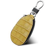 LUCKYCOIN Car Key Case Crocodile Pattern Top Grain Leather Universal Key Fob Holder Bag with Key Chain Metal Hook (Yellow)