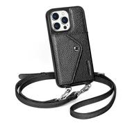 LUCKYCOIN Crossbody Wallet Case for iPhone 14 Pro - Premium Full Grain Leather with Expandable Card Holder & Adjustable Strap, Hands-Free Phone Purse for Travel & Everyday Use (Pebble Black)