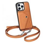 LUCKYCOIN Crossbody Wallet Case for iPhone 15 Pro Max - Premium Full Grain Leather with Expandable Card Holder & Adjustable Strap, Hands-Free Phone Purse for Travel & Everyday Use (Pebble Brown)