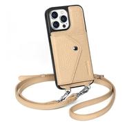 LUCKYCOIN Crossbody Wallet Case for iPhone 15 Pro Max - Premium Full Grain Leather with Expandable Card Holder & Adjustable Strap, Hands-Free Phone Purse for Travel & Everyday Use (Pebble Beige)