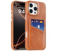 LUCKYCOIN for iPhone 16 Pro Max Leather Wallet Case with Card Holder,Luxury Genuine Leather Phone Purse Cover for Men/Women,Shockproof Leather Case with Metal Buttons Raised Bezel Slim Fit Brown