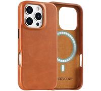 LUCKYCOIN Magnetic Phone Case for iPhone 16 Pro 6.3 in,Compatible with MagSafe Wireless Charging,Genuine Leather Case with Metal Buttons,Shockproof Screen Protector Phone Bumper Cover-Brown