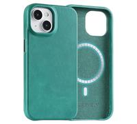LUCKYCOIN Premium Genuine Leather Case for iPhone 15, Compatible with MagSafe, Slim Fit Shockproof Phone Case with Metal Buttons, Anti-Slip, Wireless Charging Compatible, Green