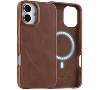 LUCKYCOIN Premium Genuine Leather Case for iPhone 16 Plus, Compatible with MagSafe, Slim Fit Shockproof Phone Case with Metal Buttons, Anti-Slip, Wireless Charging Compatible, Dark Brown