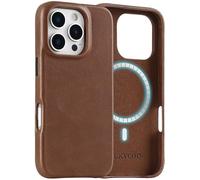 LUCKYCOIN Premium Genuine Leather Case for iPhone 16 Pro, Compatible with MagSafe, Slim Fit Shockproof Phone Case with Metal Buttons, Anti-Slip, Wireless Charging Compatible, Dark Brown