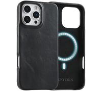 LUCKYCOIN Premium Genuine Leather Case for iPhone 16 Pro Max, Compatible with MagSafe, Slim Fit Shockproof Phone Case with Metal Buttons, Anti-Slip, Wireless Charging Compatible, Black