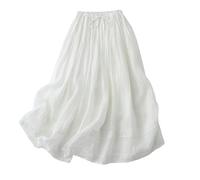 LUCKYGET Black skirt Elegant Fashionn Cotton Linen Skirt Waist Double Layer Long Skirt Women's Spring Summer Thin Embroidered Skirt-white-xl