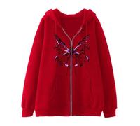 LuckyGGT Dark Style Butterfly Zipper Hoodie Autumn Winter Fleece Hooded Sweatshirt Unique Street Style Jacket Red