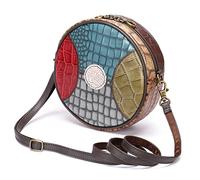 LuckyGGT Ethnic Style Patchwork Genuine Leather Women's Bag Top Layer Cowhide Small Round Bag Crocodile Pattern Shoulder Crossbody Bag
