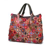 LuckyGGT Genuine Leather Handbag Colorful Flower Handmade Patchwork Plaid Top Layer Cowhide Women's Crossbody Bag