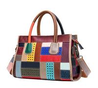 LuckyGGT Women's Handbag Color-Block Top Layer Cowhide Square Bag Patent Leather Trendy Cool Style Large Capacity Fashion Crossbody Bag