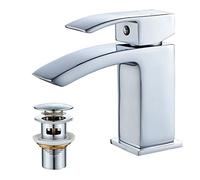 Luckyhome Basin Taps with Waste Mono Bathroom Waterfall Basin Taps Mixer Faucet,Silver