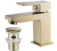 Luckyhome Brushed Gold Basin Mixer Tap with Pop up Waste,Washroom Square Single Lever Chrome Brass Mixer Tap