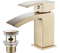 Luckyhome Brushed Gold Basin Taps with Waste Bathroom Waterfall Basin Taps Mixer Faucet