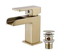 Luckyhome Waterfall Gold Basin Tap with Waste,Bathroom Single Lever Chrome Plated Brass Sink Mixer Tap