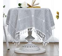 LUCKYHOUSEHOME Cotton Linen Checked Lattice Small Square Tablecloth Embroidery Tassel Table Cover for Home Dinning Tabletop 35x35 Inch(90x90cm), Gray