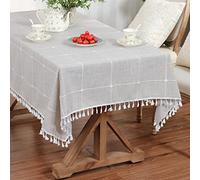 LUCKYHOUSEHOME Cotton Linen Checked Lattice Tablecloth Embroidery Tassel Table Cover for Home Kitchen Dinning Tabletop Rectangle 55 x 70 Inch(140x180cm), Brown