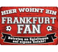 LuckyLinde 14 x 20 cm Tin Football Fan Decorative Sign, Here Lives a Frankfurt Fan - Wall Sign, Goal Sign, Funny Football Saying