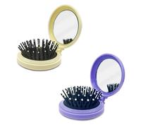 LuckyOpt 2Pcs Folding Mirror Comb Set, Round Folding Pocket Hair Brush with Mirror, Folding Mirror Travel Hairbrush for Going Out and Travelling, Women and Girls (Purple+Yellow)