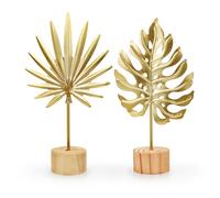 LuckyOpt 2PCS Mini Gold Leaf Sculpture Ornament, 7.5 IN Metal Gold Palm Leaves Decor for Desk, Sideboards, Display Cabinet Filler, Iron Craft Ginkgo Leaf Decor with Wooden Base (Monstera+Palm Leaf)