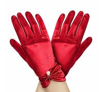 LuckyOpt Short Satin Gloves for Women, Elastic Wedding Gloves with Pearl Pedant, Bridal Glove Women's Pearl Glove for Wedding Opera Dinner Party (Red)