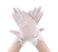 LuckyOpt White Tulle Lace Gloves for Women, Sheer Mesh Tulle Short Gloves with Pearl, Vintage Elegant Bridal Glove for Wedding Engagement Party Dinner Opera (Style 1)