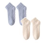 Luckywaqng Solid Color Self-Adhesive Coral Velvet Socks for Kids. Winter Plush Thickened Warm and Non-Slip Floor Socks Women 6-8 Set, z1-blue+khaki, One Size