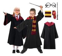 Luclay Costume Kids, 5PCS Wizard Costume, Magic School Unim Halloween Wizard Robe Wand Tie Scarf Glasses Wizard Fancy Dress, Cosplay Costume Kids, Halloween World Book Day Carnival Party, Red