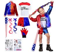 Luclay Harley Quinn Cosplay Costumes - Children's Suicide Squad Villain Suicide Costume Kit with Jacket, T-Shirt, Shorts, Tattoo, Glove, Halloween, Carnival, Cosplay, Theme Party for Children Girls