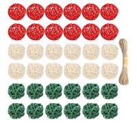 Lucleag 36Pcs Christmas Rattan Balls Decorations, 1.18in/3Cm Red White Green Natural Wicker Balls Ornament Vase Filler DIY Craft with Hemp Rope for Xmas Tree Home Table Decorations Party Supplies