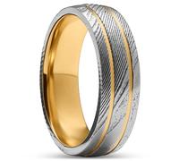 Lucleon by Trendhim Men's Ring | Fortis 7 mm Ring in Double-Grooved Damascus Steel & Gold-Tone Titanium | Danish Design | Elegant Men's Jewellery for Everyday & Occasion | Silver-Grey & Gold