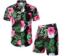 LucMatton Men's 2 Piece Casual Floral Print Outfits Summer Hawaiian Short Sleeve Button Down Shirt and Shorts Sets for Tropical Beach Vacation Black Pink Small