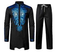 LucMatton Men's African 2 Piece Set Long Sleeve Gold Print Dashiki and Pants Outfit Traditional Suit Black Royal Small