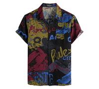 LucMatton Men's Casual Linen Breathable Print Hawaiian Shirts Summer Short Sleeve Button up Tropical Tops Black Red Medium