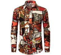 LucMatton Men's Linen Stylish 70s Retro Hippie Pattern Printed Slim Fit Long Sleeve Button up Dashiki Shirts Orange XXX-Large