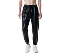 LucMatton Mens Metallic Shiny Jogger Sweatpants 70s Disco Hippop Party Rock Star Elastic Sparkle Trousers Black Lame Pants Medium