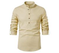 LucMatton Men's Retro Long Sleeve Henley Shirt Mandarin Collar Tops for Pirate Medieval Renaissance Halloween Cosplay Linen Beige X-Large