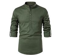 LucMatton Men's Retro Long Sleeve Henley Shirt Mandarin Collar Tops for Pirate Medieval Renaissance Halloween Cosplay Linen Green Medium