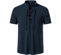 LucMatton Men's Retro Short Sleeve Lace up Medieval Costume Shirts for Halloween Cosplay Viking Pirate Vampire Renaissance Gothic Victorian Clothing Navy Small