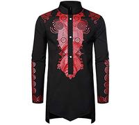 LucMatton Men's Traditional African Long Sleeve Dashiki Shiny Metallic Pattern Printed Party Shirt Black Red Small