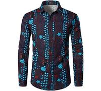 LucMatton Men's Vintage 70s Style Pattern Print Clothes Fancy Long Sleeve Button Down Shirts for Hippie Disco Outfits Navy Blue XXX-Large