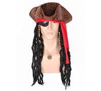 Lucoacos Dreadlocks with Pirate Hat Eye Patch Necklace Black Pirate Wig Accessories Set Halloween Party Costume Accessory for Adult